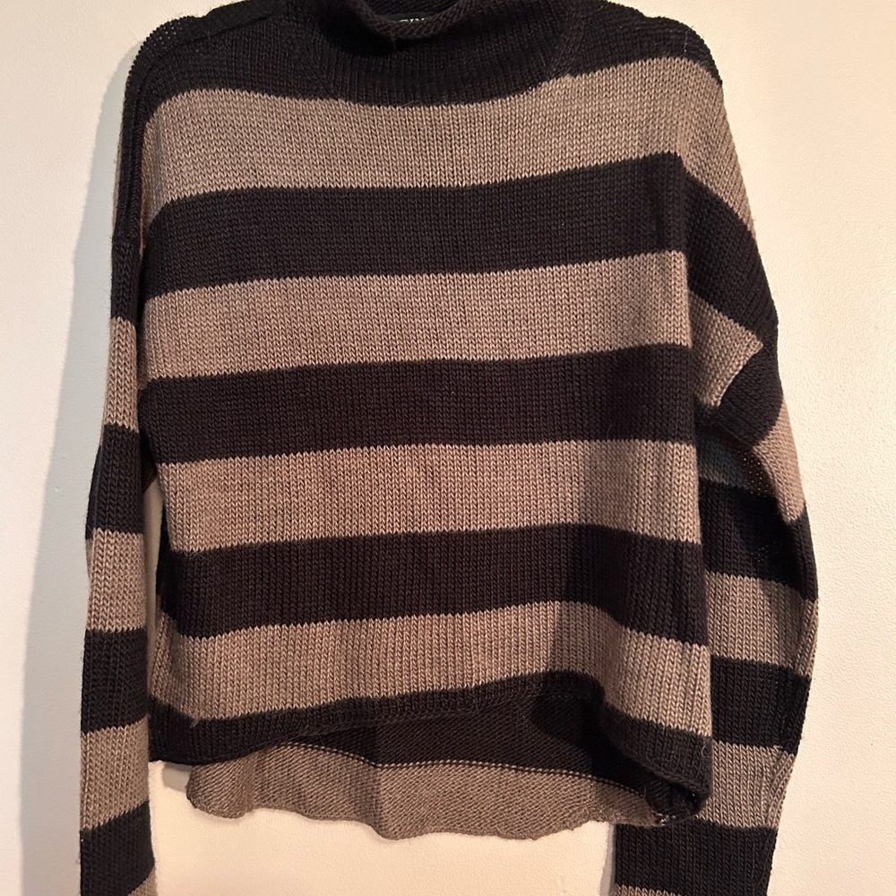 L Striped Turtleneck Sweater in Black and Tan